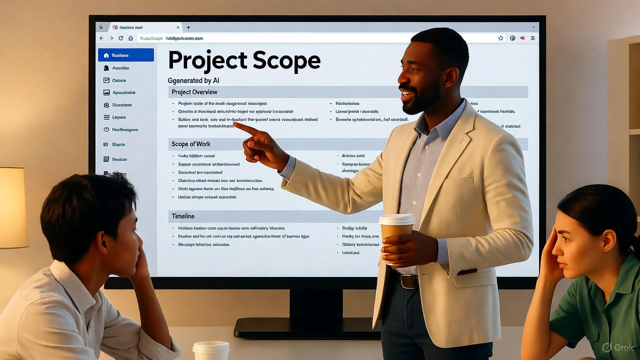 Business professionals looking concerned at an AI-generated project scope document for HubSpot, highlighting hidden costs and inefficiencies with question marks and red flags.