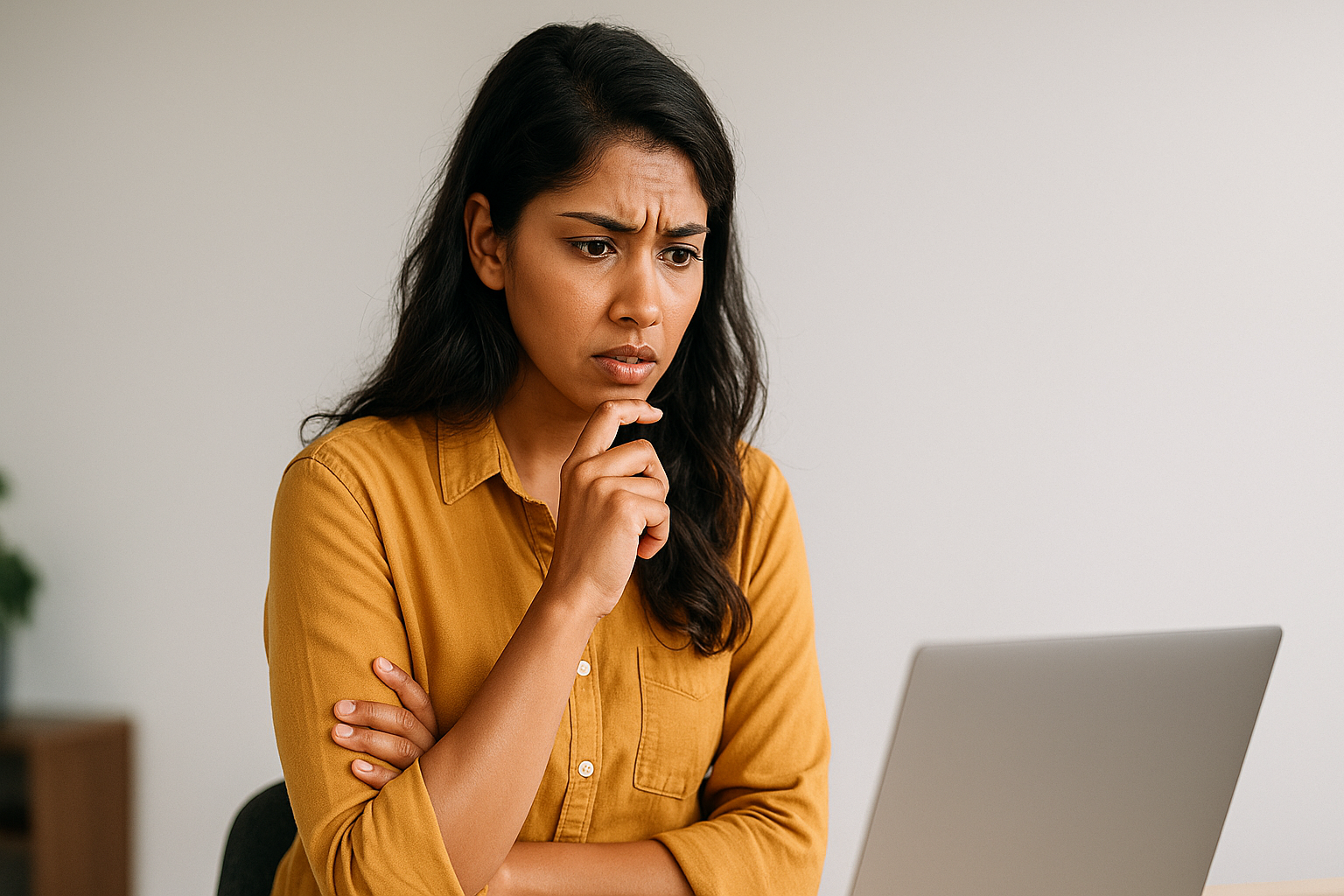 A young South Asian woman sits at a desk in a bright, minimalist workspace, gazing thoughtfully at her laptop. She wears a mustard-yellow shirt