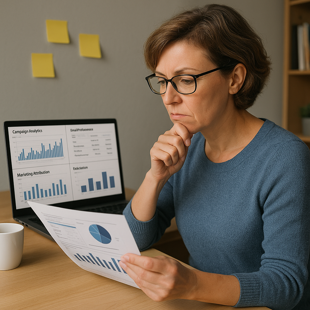 A confident small business owner reviews marketing reports at her desk, comparing AI-generated analytics with her HubSpot Sales Hub Pro consultant’s plan, illustrating the risks of overrelying on AI instead of expert guidance.