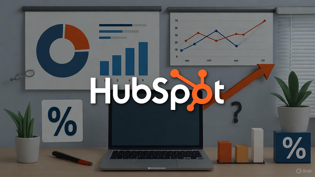 Modern office desk scene with HubSpot logo, charts on whiteboards, laptop, plants, and 3D efficiency icons like bars and percentages, evoking scaling sales systems in 2025. Blues, oranges, neutrals; clean aesthetic.