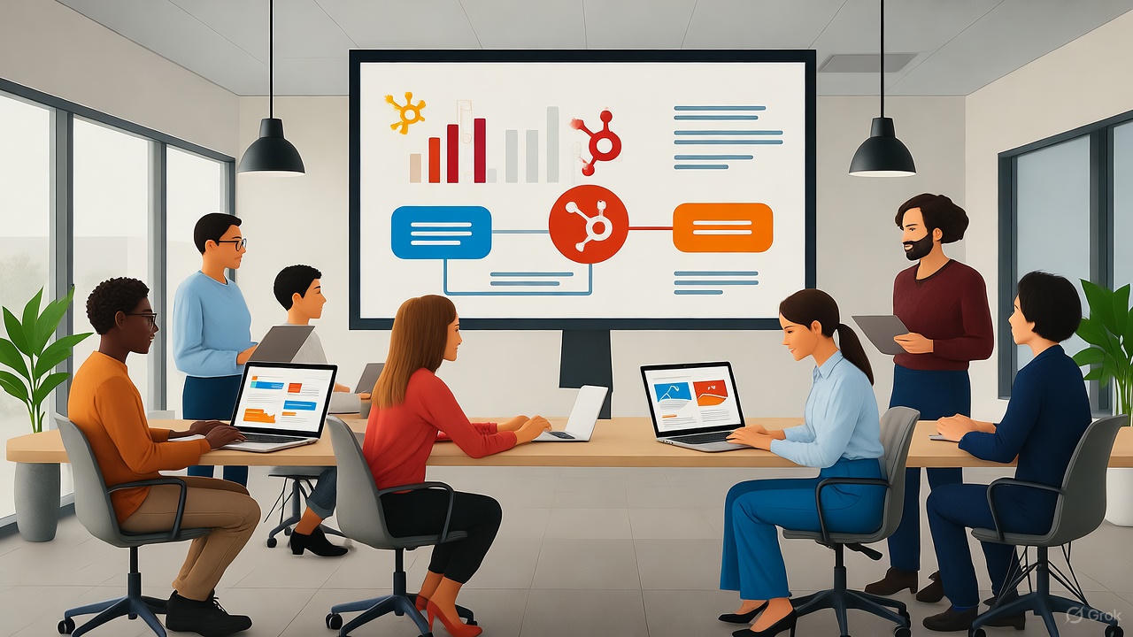 Illustrated diverse entrepreneurs collaborating in a modern office with laptops and a HubSpot process mapping screen, evoking 2025 B2B sales automation trends. Features plants, lighting, and professional vibe. (158 characters)