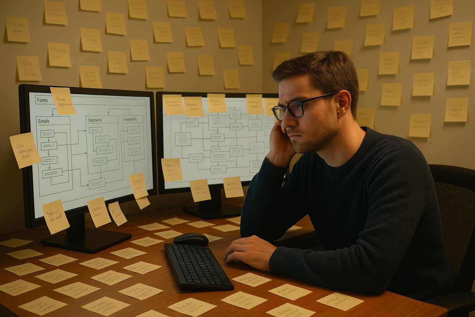 A focused entrepreneur in his mid-30s sits at a desk surrounded by sticky notes and dual monitors filled with workflow diagrams, symbolizing overplanning and system overload.