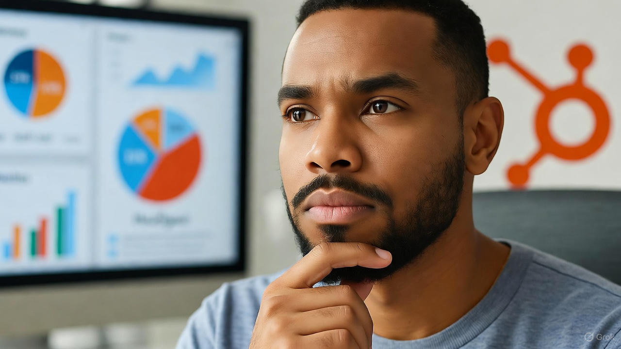 Close-up of a thoughtful person pondering HubSpot sales setup questions, with blurred charts and logo in background, in blues, oranges, and neutrals. Clean, professional office aesthetic.